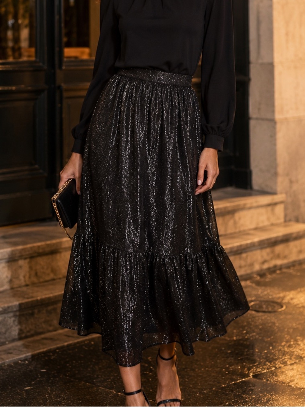 Modcloth Shimmering Rainfall Metallic Midi Skirt Tier Aline Black AU 12 US 8 NWT